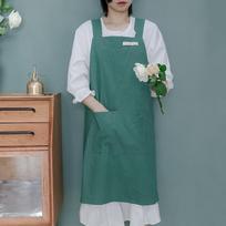 Japanese & Korean Style Washed Cotton Apron with Wide Straps for Kitchen and Household Use žalia
