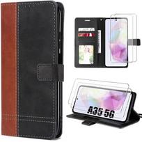 Shockproof Case for Samsung Galaxy A35 5G + 2 Tempered Glasses, Leather Effect Two-Tone Style with Support Function, Brown ruda