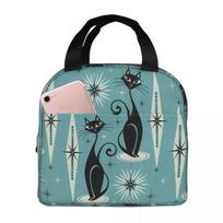 Mid Century Meow Pattern Cooler Lunch Box Catzilla Monsters Kitten Mountaineering Thermal Insulation Portable Food Bag 22x20x13CM balta