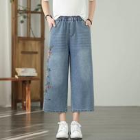Meniniai Retro Sunkiosios pramonės siuvinėti kaubojiški plataus kirpimo keliai Vasaros naujo stiliaus elastinio liemens universalūs šviesiai mėlyni devynių centų keliai moterims M mėlyna