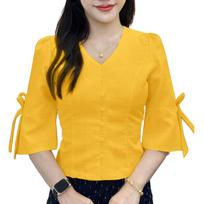 ZANZEA Women Casual V-Neck Summer Flare 3/4 Sleeve Loose Blouse M geltona