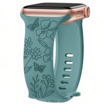 Bracelet pour Apple Watch Series Ultra 1/2/3, 11 10 9 8 SE 7 6 5 4 3 2 1 42mm-44mm-45mm-46mm-49mm Silicone Motif Papillon Fleur Vert