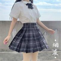 GMXIA Jk Uniform, Cigarette Ash Checkered Skirt Women's Set, Spring and Summer Short-sleeved Full Set of Pleated Skirts XS gray