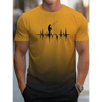 Vibrant Style| Big & Tall Men's Gradient Fishing Graphic Tee - Casual Polyester Short Sleeve, Summer Print with Heartbeat Fishing Gear, PLUS SIZE XL geltona