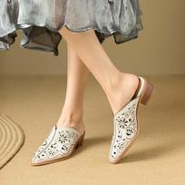 Krazing Pot Mules Cow Skin Pointed Toe Size 43 Breathable Thick Med Heels Fashion Dot Hollow Out Shallow Autumn Pumps 34 dramblio kaulas