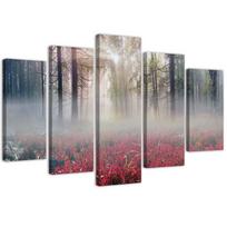 Penkių dalių paveikslų spausdinimas ant drobės Fog Forest Glade Flowers 100x70 raudona