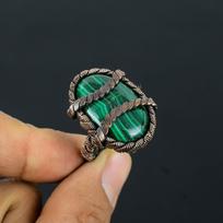 Malachite Gemstone Copper Wire Wrapped Handmade Jewelry Ring Gift For Her 4 žalia