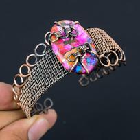 Pink Spiny Oyster Pure Copper Wire Wrapped Handmade Jewelry Bangle Bracelet Adjustable Adjustable rožinė
