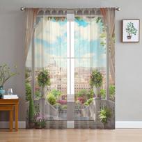 Europietiško stiliaus pastato balkono peizažas tiulio langų užuolaidos svetainei organzos permatoma voile užuolaida miegamajam virtuvei namų dekoras W135 x H115cm x1