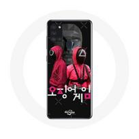 Coque Samsung Galaxy A21S Squid Game Affiche masques soldats logo coréen