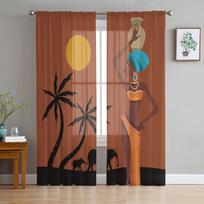 Africa Tribe Women Sunset Tulle Curtains Living Room Kitchen Chiffon Curtain Bedroom Balcony Sheer Curtain Fashion Home Decor 135W x 114H(cm) brown