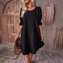 Round Neck Casual Medium Loose Drawstring Splicing Solid Color Cotton Linen Dress XXL juoda