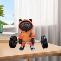 Cat Figurine Barbell Black Statue Art Ornament Cute Fitness, Sculpture Resin orange gray