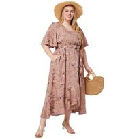 Plus Size Boho Women's Ditsy Floral Print Summer Dress V-Neck Short Sleeve Vacation Casual Ruffle Hem Maxi Dresses 5XL rožinė