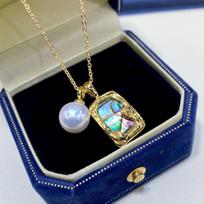 Original Natural Freshwater Pearl Pendant 18K Gold Abalone Mother Shell Love Necklace, Fashionable and Versatile for Women 41cm blue