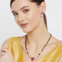 Estele moteriškas paauksuotas puošnus rubino ir Austrijos krištolo gėlių karolių rinkinys Mangalsutra pink