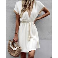 Summer Solid Color Short Sleeve Lace V-neck Waist Dress Beach Vacation Sundress S balta