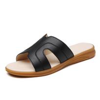 High Quality Women's Shoes Cowhide Flip-flops Simple British Style Casual Wear Flat Shoes 39 juoda