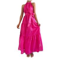 Ladies Young Fashion Plaid Slim Layered Ruffle Skirt Sleeveless  Neck Stand Collar Tunic Summer Long Dress M pink