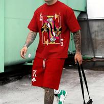 Summer 3D Printed Poker King Graphic Round Neck Short Sleeve T-Shirt Set, Men's Outdoor Fashion Casual Sports Top and Shorts Set S