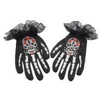Skeletono kaulų pirštinės suaugusiems, baisios kostiumo pirštinės, vakarėlio pirštinės, rekvizitai, nėriniuoti rankogaliai, rankų šildyklė black