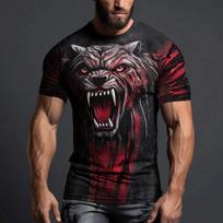 Men's Wolf Print Short Sleeved 3D T-shirt Top Round Neck Casual Outdoor Sports Tee Shirts Summer S black