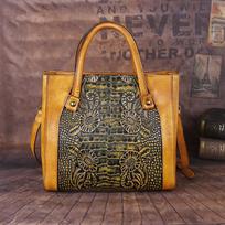 Flowers Embossing Shoulder Bags Genuine Leather Crossbody Bag Vintage Design Handbags for Women Ladies Purse 28cm*28cm*14cm žalia