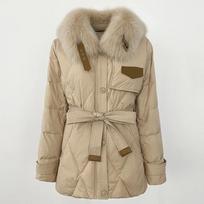 OFTBUY 2024 Winter Jacket Women Real Fox Fur Collar Natural Thick Warm Duck Down Coat Belt Outerwear Streetwear Casual L beige