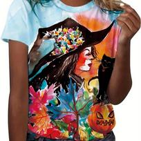 Halloween Witch & Pumpkin Print Women's T-shirt Summer 2024 Women's Colorful Short Sleeve Top Thin Breathable Women's Outfit S