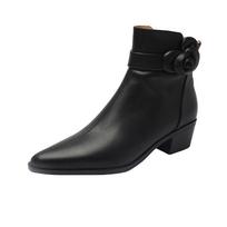 Krazing Pot Full Grain Leather Autumn Winter Shoes Med Heels Chelsea Boots Pointed Toe Keep Warm Zipper Flowers Solid Ankle Boots 34 juoda