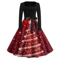 Christmas Print Flare Dress For Women Long Sleeve Dress Hollow Party Casual Square Collar Dresses XL