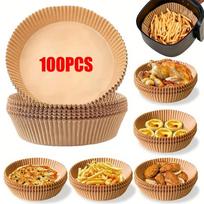 100 vnt. oro gruzdintuvės apvalūs popieriniai įdėklai, 7,9 colio, vienkartiniai dideli, 5–8 qt krepšeliui, nebalintas, nelipnus, aliejui atsparus pergamentinis popierius Silicone Oil Paper