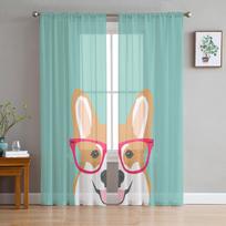 Corgi Cartoon Doggeometric Glasses Tulle Curtain Voile Transparent Tulle for Bedroom Living Room Kitchen Sheer Window Curtains W135 x H114cm blue