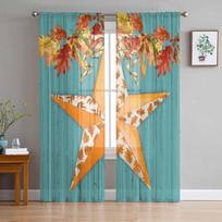Autumn Wood Grain Orange Maple Leaf Pentagram Sheer Curtains for Kids Bedroom Living Room Voile Window Curtains Tulle Drapes W135 x H114cm