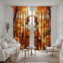 2pcs HD Maple Leaf Forest Prince Jack-o '-lantern curtain with cane in hand Yellow Tie digital printed curtain Home Decor sty W52H63inchW132H160cm orange