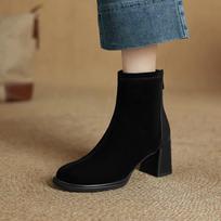 Krazing Pot Cow Suede Winter Thick High Heels Motorcycle Boots Women Platform Zipper Ankle Boots 34 juoda