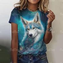 Animal T Shirt For Women Wolf Print Tops Summer O-Neck Short Sleeve Tees Refreshing Clothing Oversized Pullover Female T-Shirt S blue
