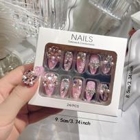 24pcs Glossy Medium Almond Fake Nails, Tender Pink Press On Nails With Silvery Glitter And Shining Heart Shape Rhinestone Pearl Deisgn