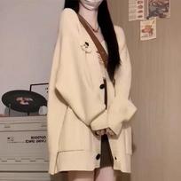 Retro Autumn and Winter College Style Pocket Lazy Style New Loose Casual Knitted Cardigan V-neck Sweater Jacket Women's Trend One size