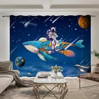 Outer Space Astronaut Pattern High Blackout Curtains Whale Planet Sci-Fi Indoor Shading Drape Children Bedroom Curtain New Style W55 X H120cm X 2&HOOK