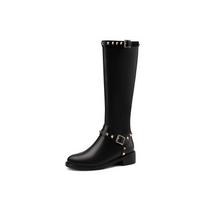 Krazing Pot Natural Cow Leather Autumn Winter Shoes Thick Med Heels Big Size 45 Size 44 Leather Metal Rivets Women Keep Warm Knee Boots 34 juoda
