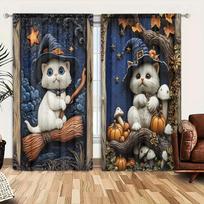 2pcs Cute Cat Witch Broom Pumpkin Printed Curtain for Home Decor - Rod Pocket Window Treatment for Halloween 52.5cmX116cm X 2pcs