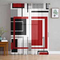 Abstract Geometry Squares Modern Art Red Sheer Curtains for Living Room Decoration Window Curtains Kitchen Tulle Voile Curtains W135 x H115cm x1