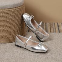 French Square Head Red Soft-Soled Fat Shoes Gentle Bow Mary Jane Soft Leather Flat-Soled Ballet Shoes Women 35 sidabras