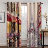 Eiffel Tower Kitchen Curtains, Oil Painting Trees, France City Landscape, European Art Print Design, Cafe Small Window Drapes, 2 100W160H(CM)40x63in&Hook