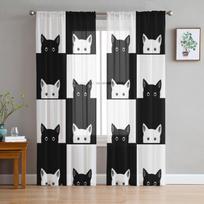 Geometic Black White Plaid Cat Sheer Curtains for Living Room Decoration Window Curtains Kitchen Tulle Voile Organza Curtains W135 x H115cm x1 white
