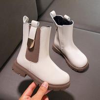 Girls Fashion Boots Autumn Winter Warm Fur Children's Rubber Boots Anti-skid Medium Big Kids Boots Classic Chelsea Boots Zipper 26 smėlis