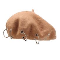 Women's woolen personalized iron ring eyelet hip-hop beret M chaki