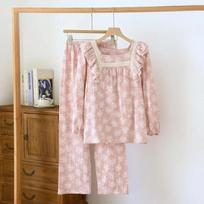 Cotton Double-layer Crepe Women's Pajamas for Spring Autumn, New Long Sleeved Pants  Summer, Thin Floral Pullover for Home Wear M