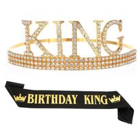 Gimtadienio karaliaus juosta ir karūnos rinkinys Tiara vyrams Gimtadieniui, vyrams Gimtadienio vakarėlio dovanėlės Black Sash beige